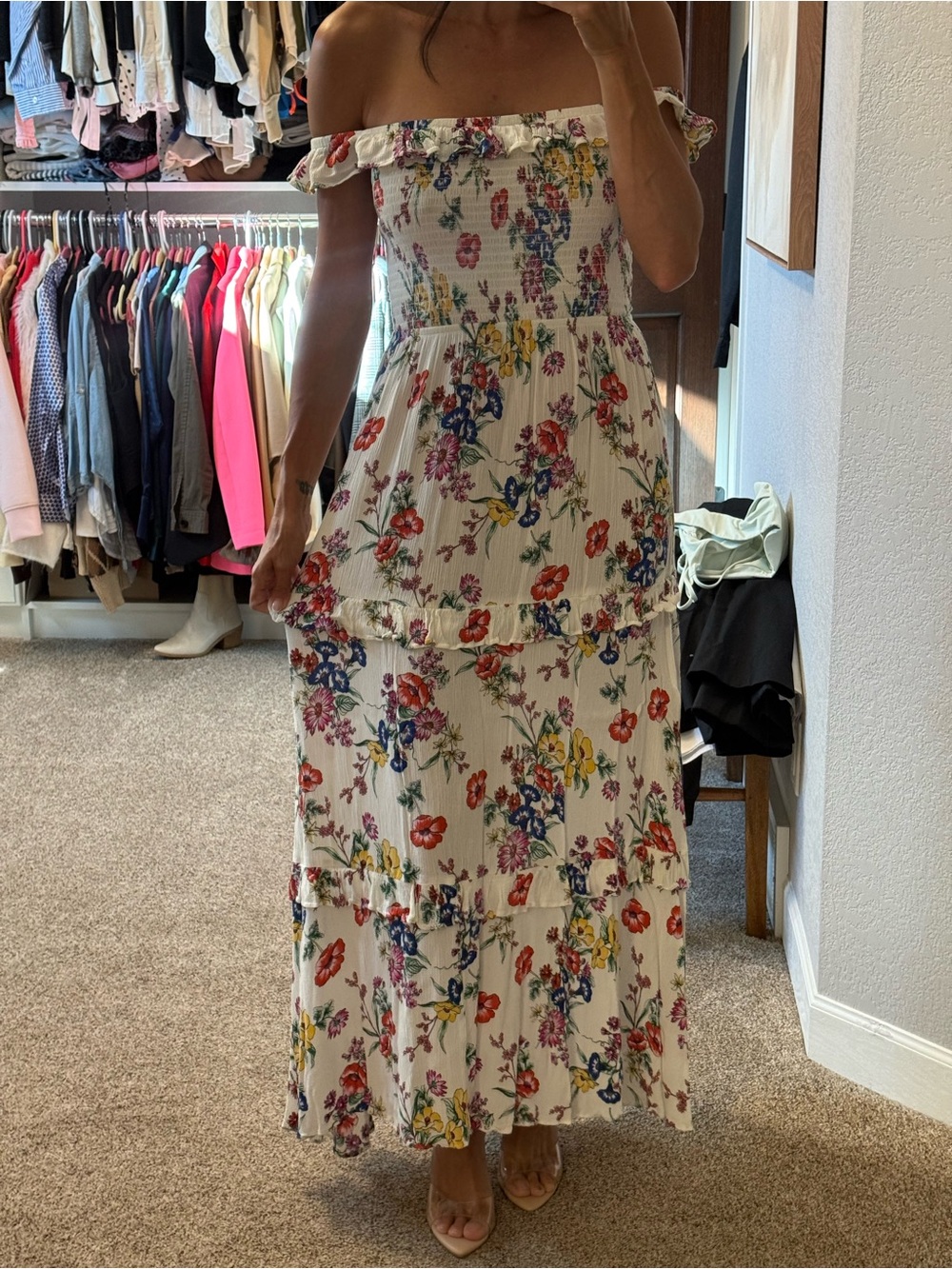 Express Off-Shoulder Floral Maxi Dress in White with Multi-Color Print